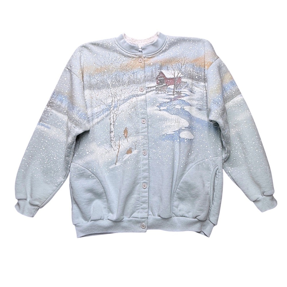 Vtg 90s Winter Cabin Button Front Sweatshirt womens sz XL cabincore grannycore